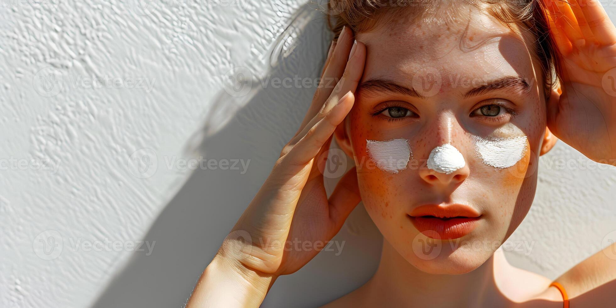 Close up portrait of young woman with sunscreen on her face on the white wall background. Sun safety for summer, sun protection factor, skincare, cosmetology and beauty concept with copy space. photo