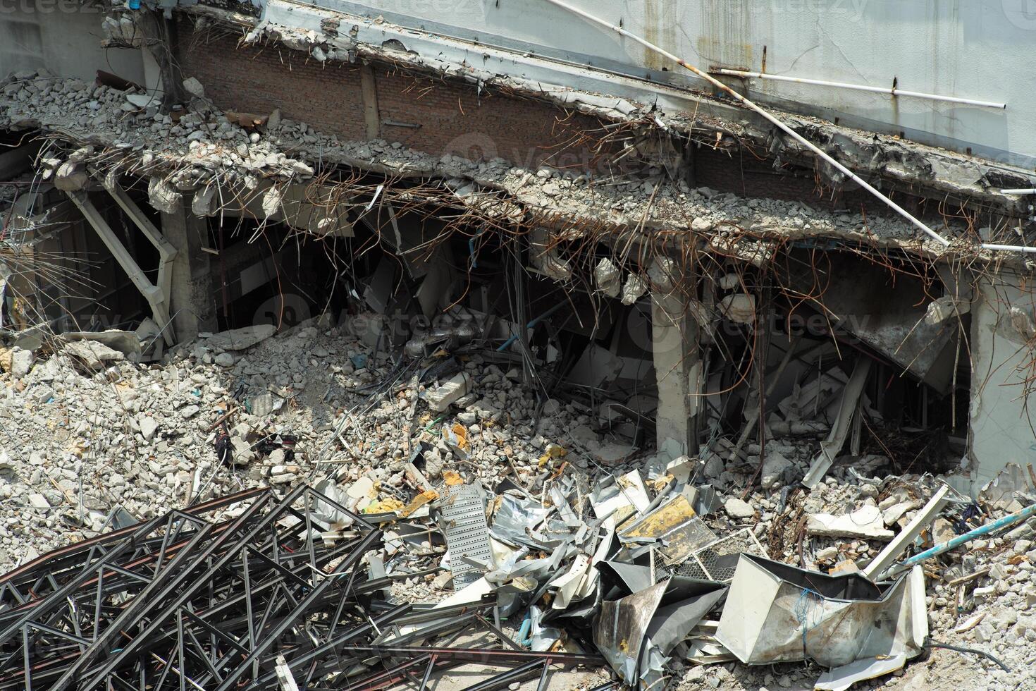 Top view of the destroyed building. Destruction of the building photo