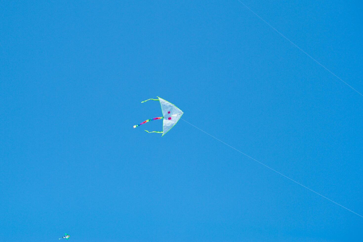 The flying kite in the air isolated on the blue sky background photo