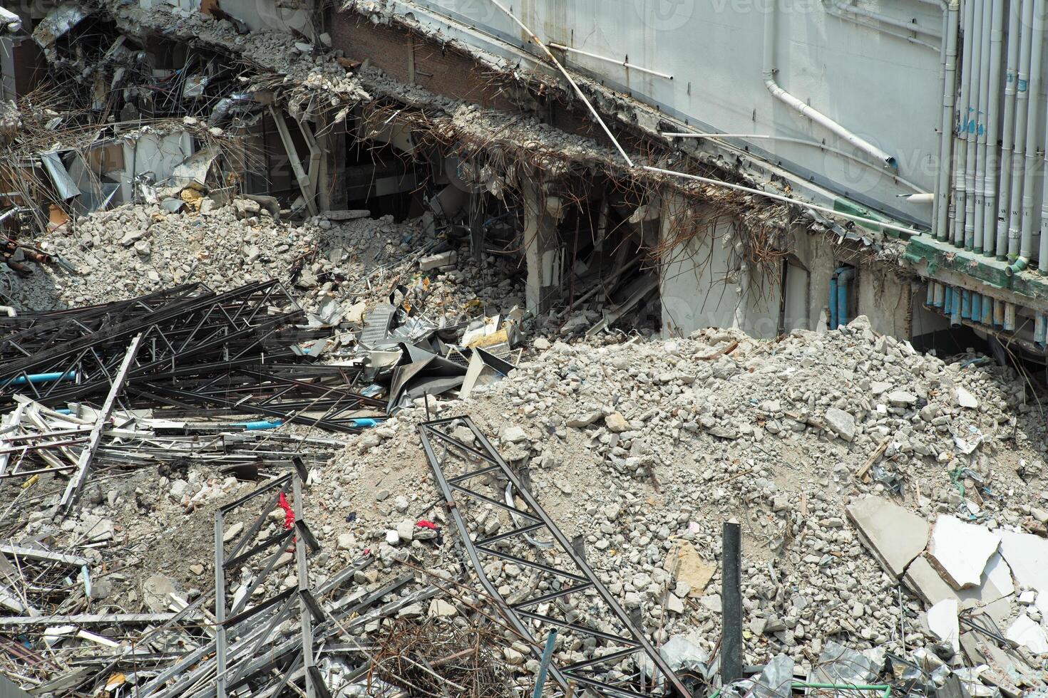 Top view of the destroyed building. Destruction of the building photo