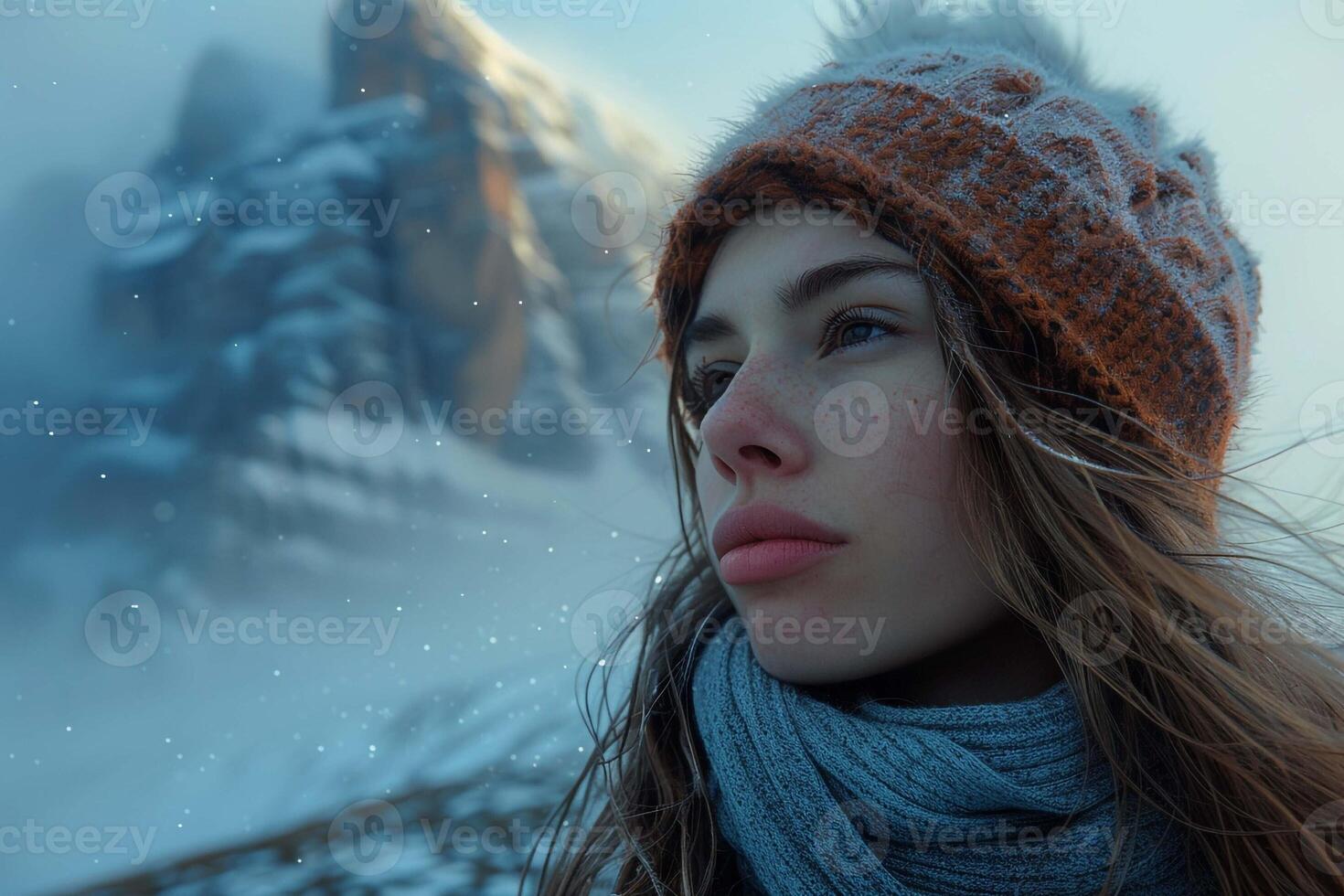 a woman in a hat and scarf looking up at the mountains photo