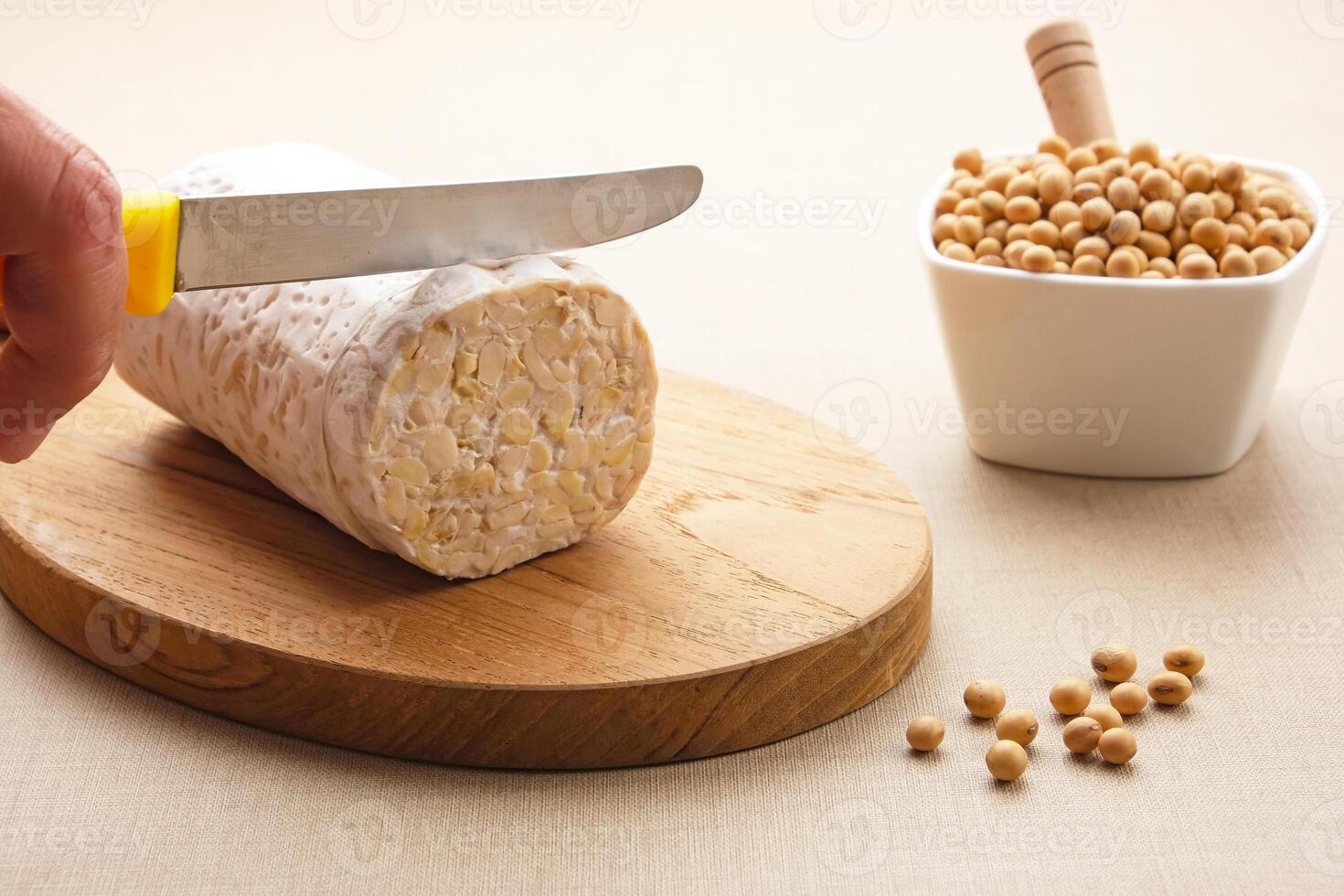 Raw Tempeh or Tempe, Indonesian traditional food, made from fermented soybeans. Usually fried for a side dish or for other cooking ingredients. photo