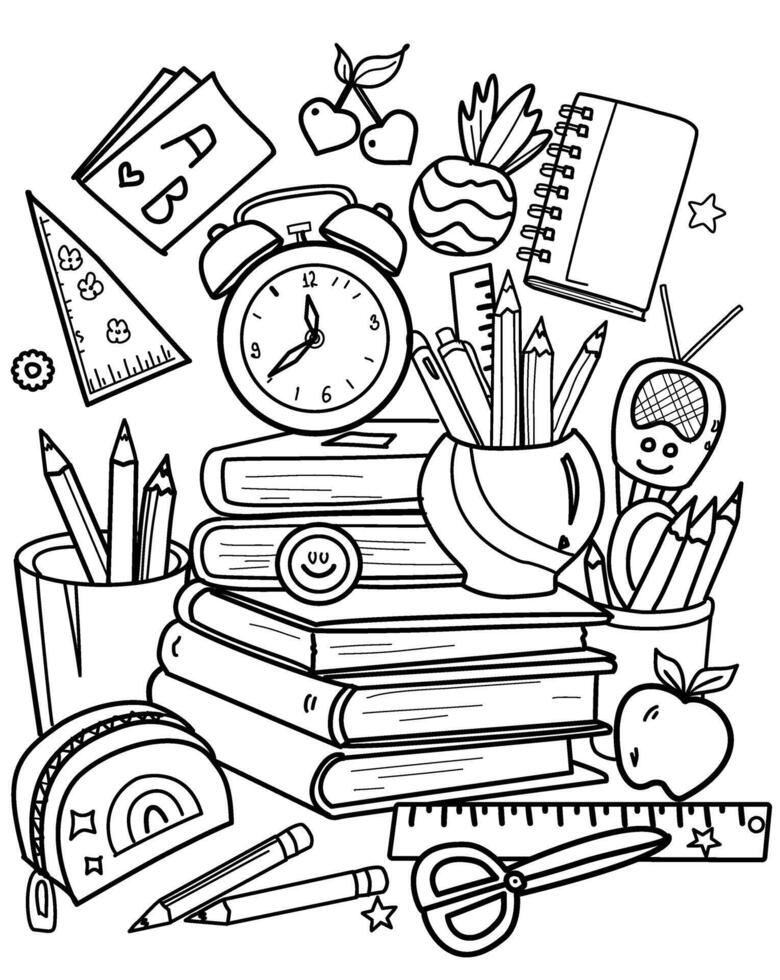 back to school, school,office stationery,coloring page vector