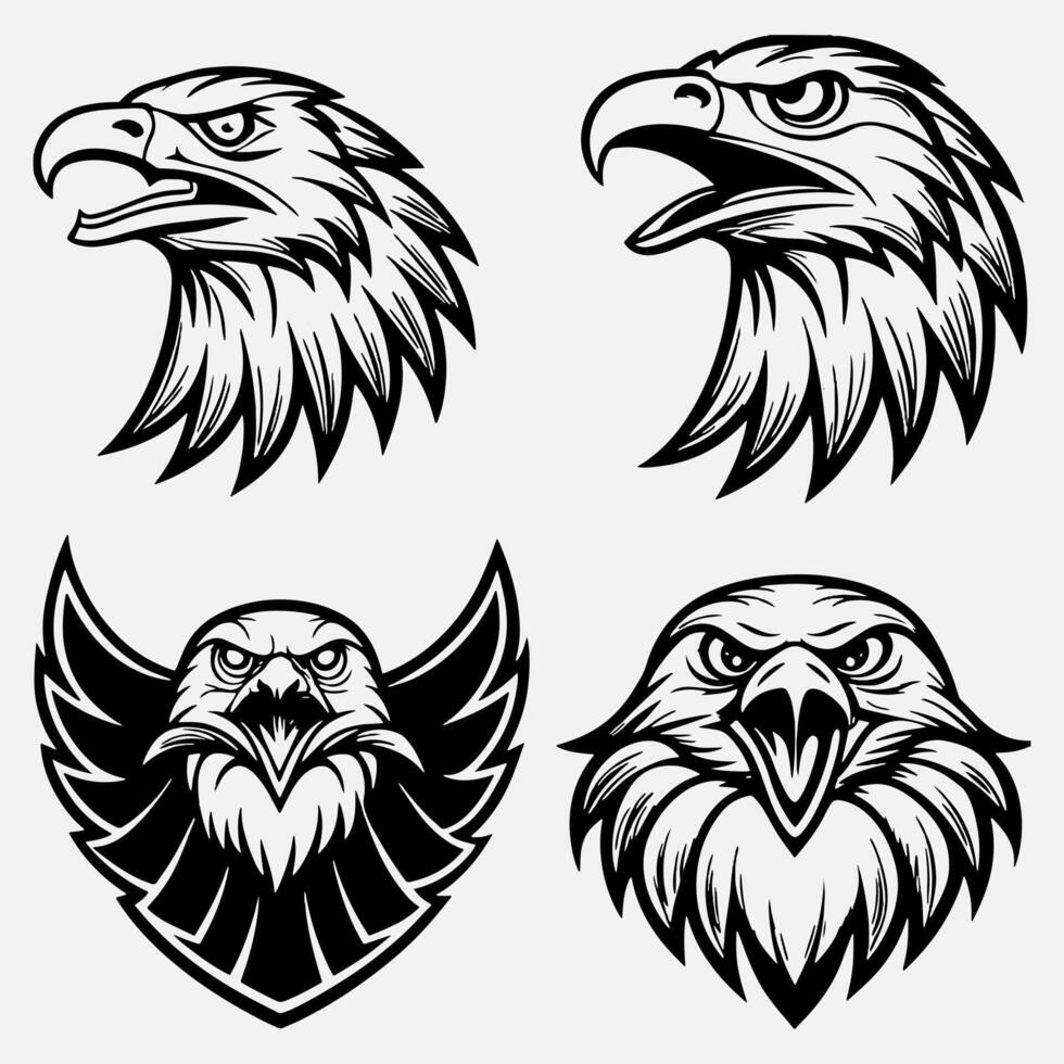 Set of eagle head silhouettes with big beaks Silhouette. vector