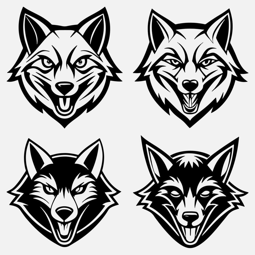 Set of angry wolf Mascot different expressions silhouette. vector