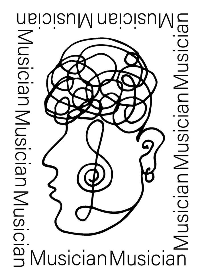 Abstract weird musician face with treble clef line art with curly hair. Hand drawn illustration. vector