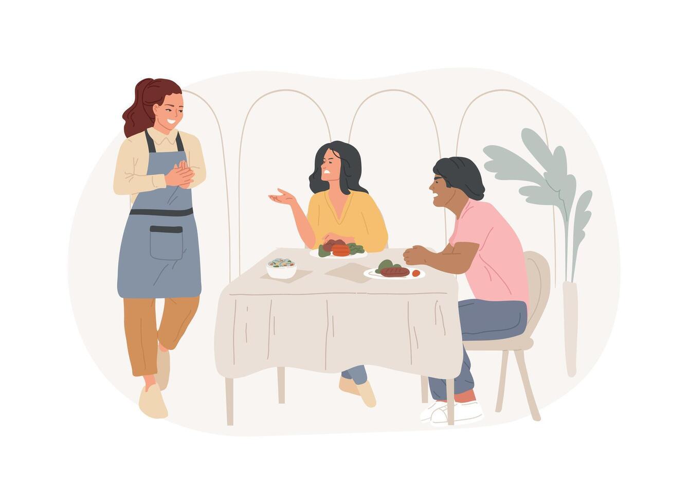 Solving conflicts in a restaurant isolated cartoon illustrations. vector