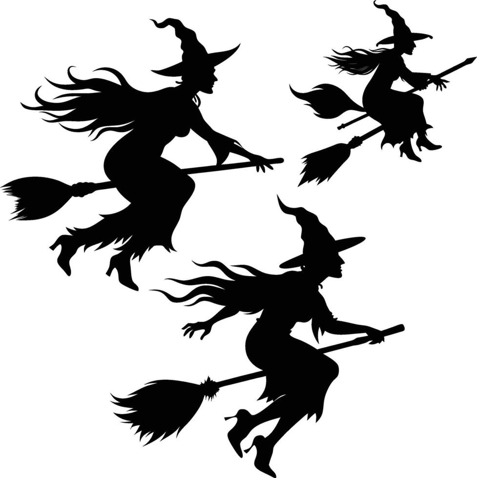 Silhouettes of Witch Girls On Flying Broomsticks vector