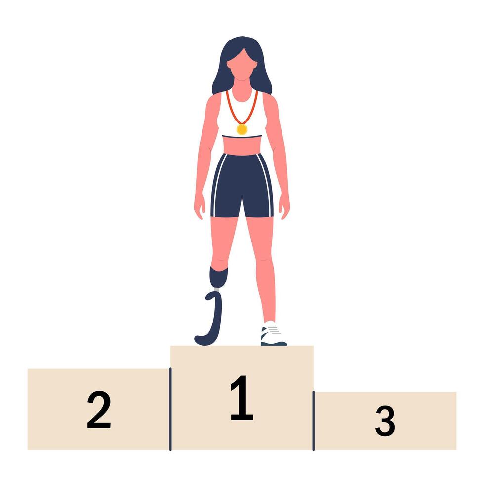 Paralympic champion with a prosthetic leg. First place on the victory podium. illustration. vector