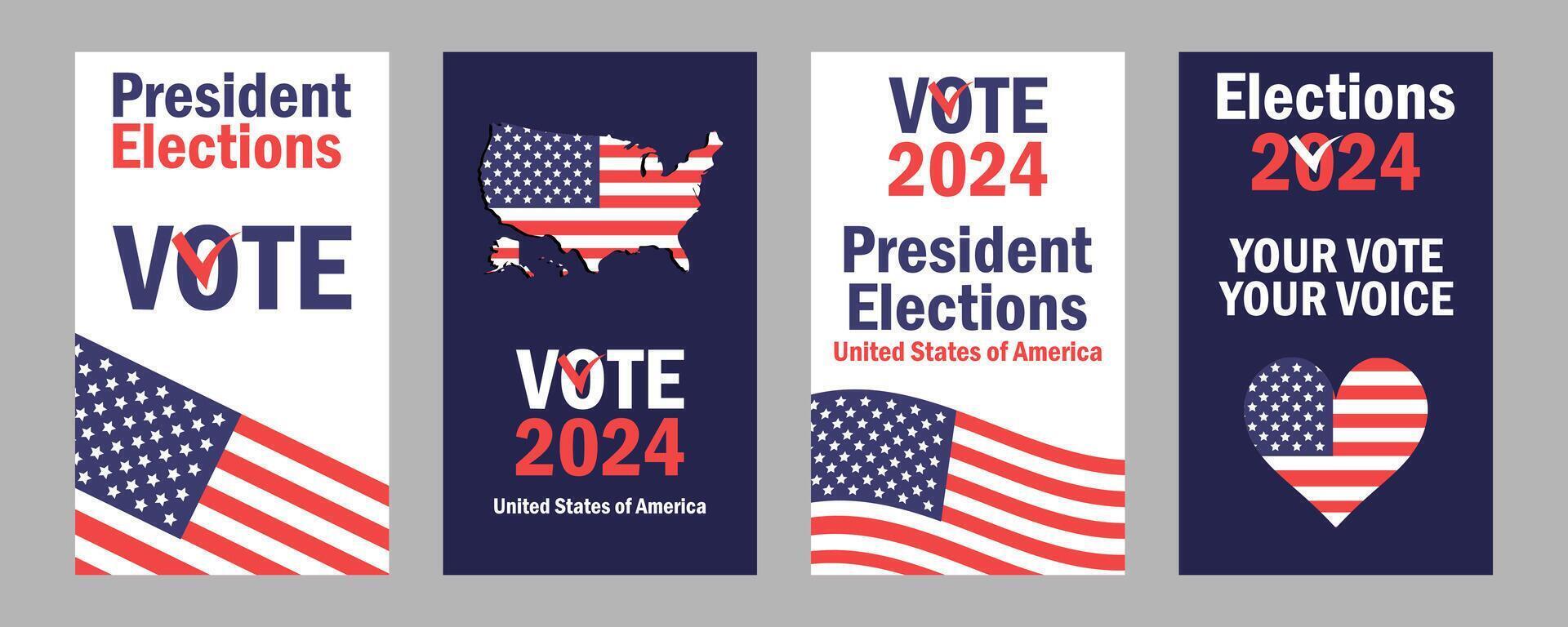 Banners United States presidential election 2024 with flag and map USA. vector