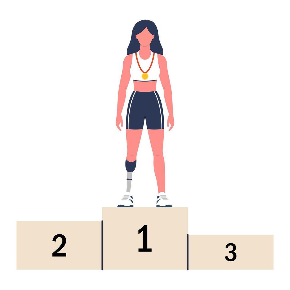 Paralympic champion with a prosthesis on the victory podium. Victory in sports competitions. illustration. vector