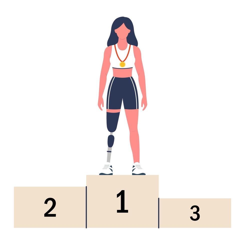 Paralympic champion with a prosthetic leg on the victory podium. Victory in sports competitions. illustration. vector