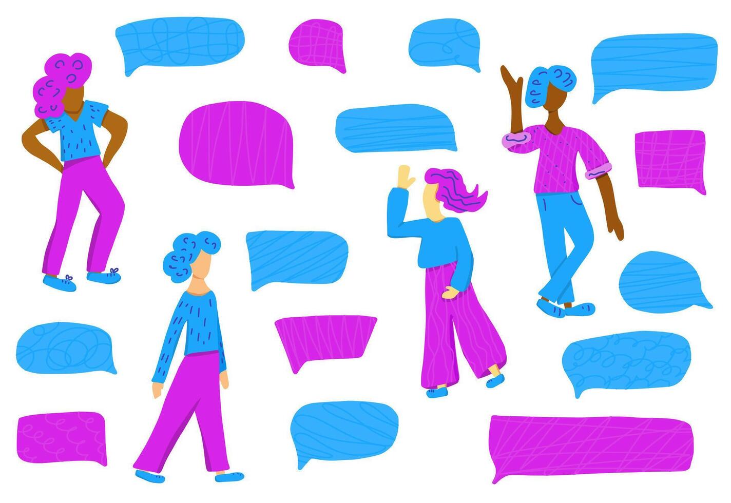 Set of speech bubbles and girls characters. vector