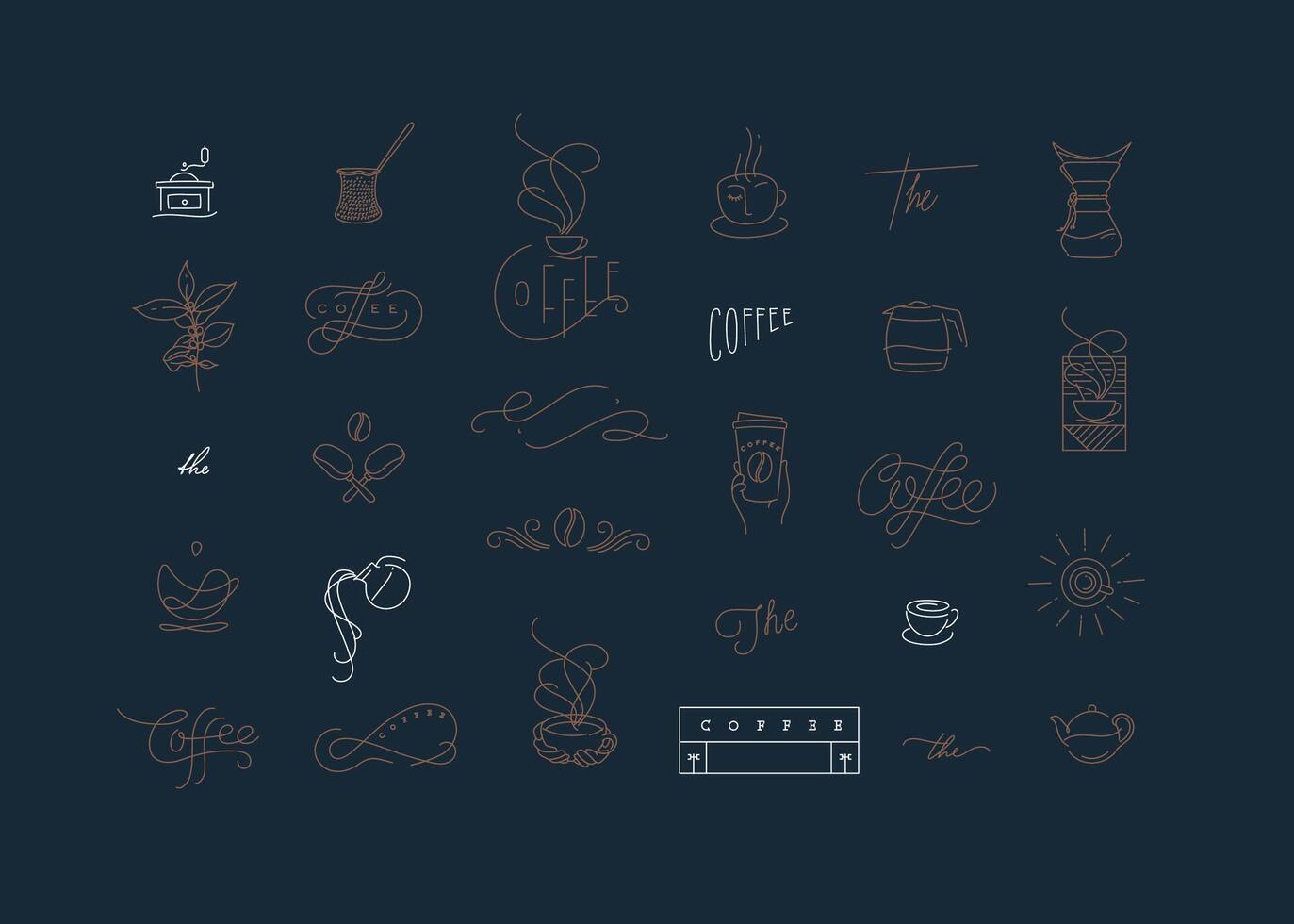 Set of minimalism modern coffee elements for your design drawing in flat line style on blue background vector
