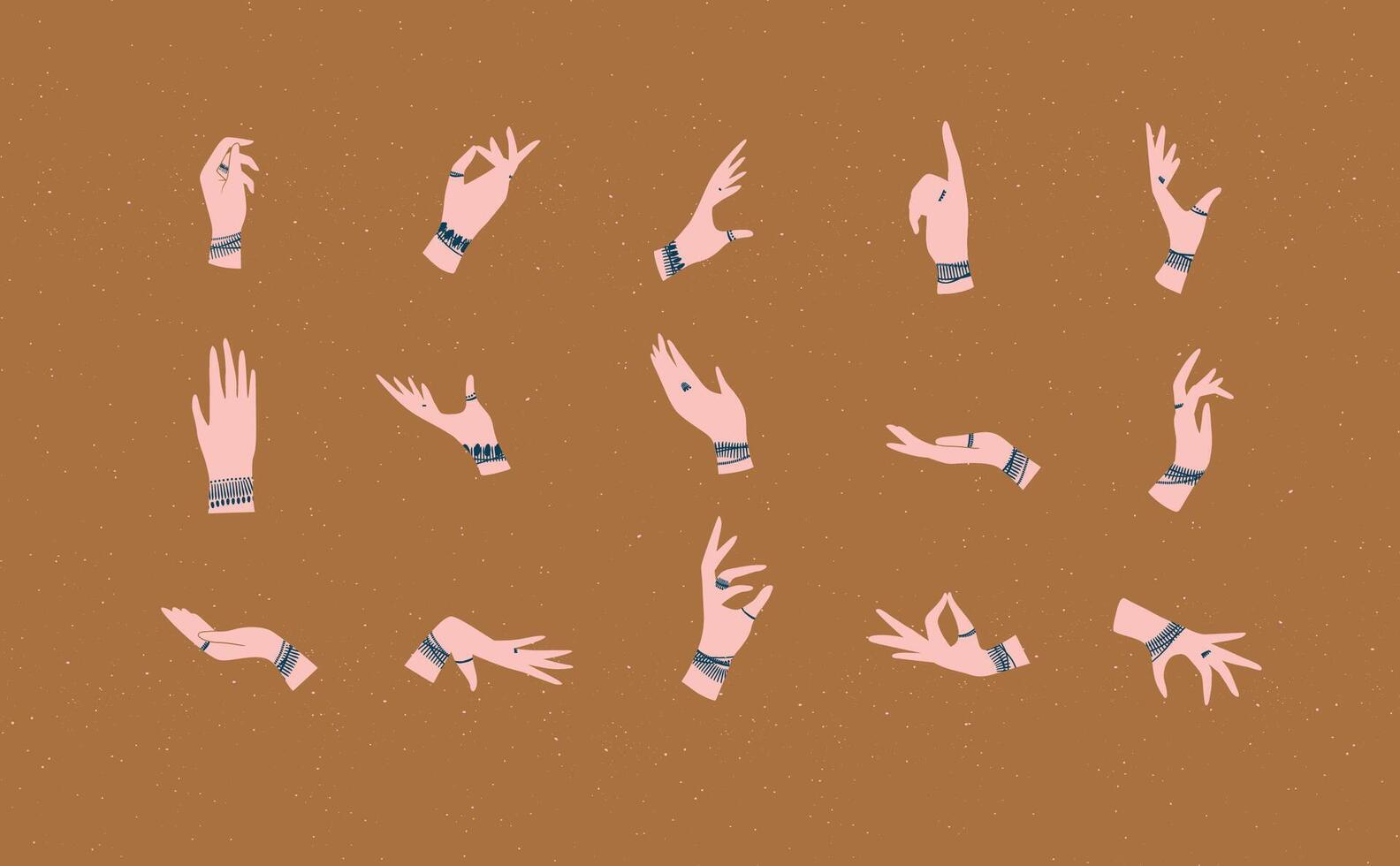 Hands with bracelets and rings in ethnical style in different positions to express feelings and emotions drawing on mustard background vector