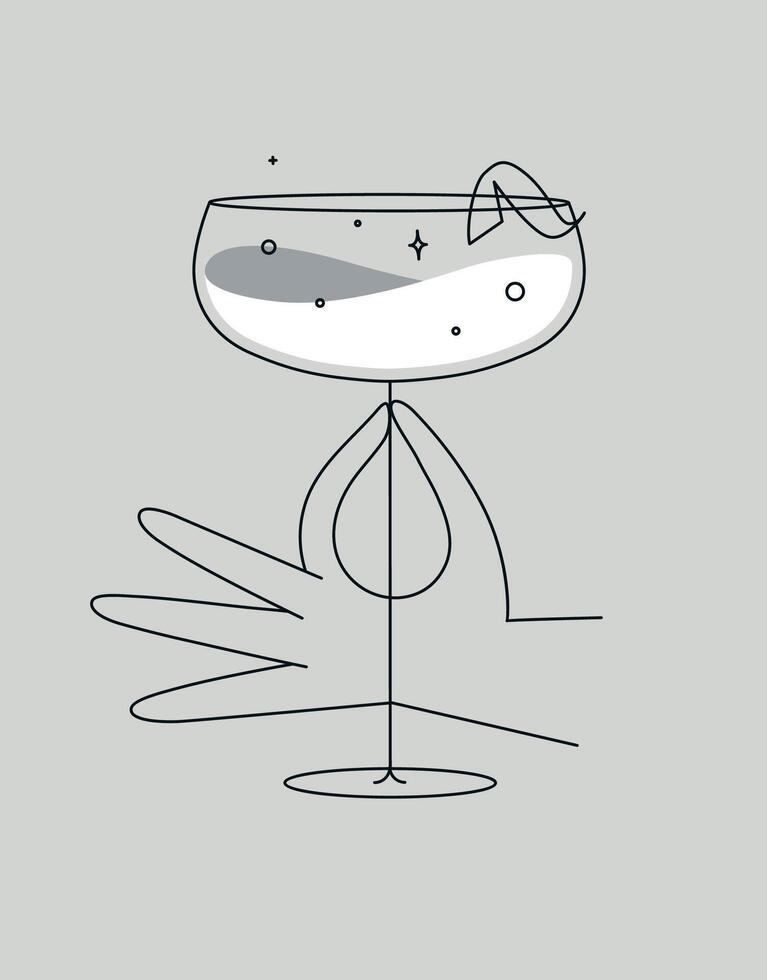 Hand holding glass of daiquiri cocktail drawing in flat line style on grey background vector