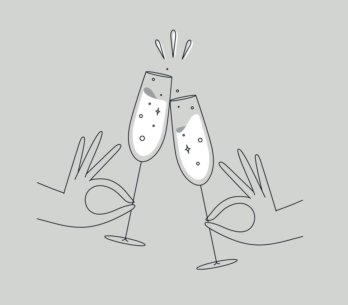 Hand holding champagne clinking glasses drawing in flat line style on grey background vector