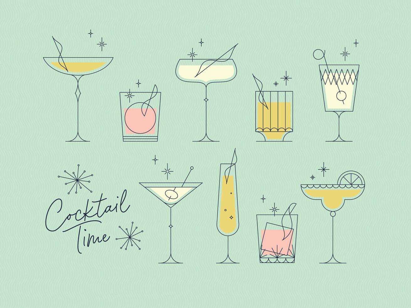 Cocktails time set with glasses drawing in retro style on green background vector