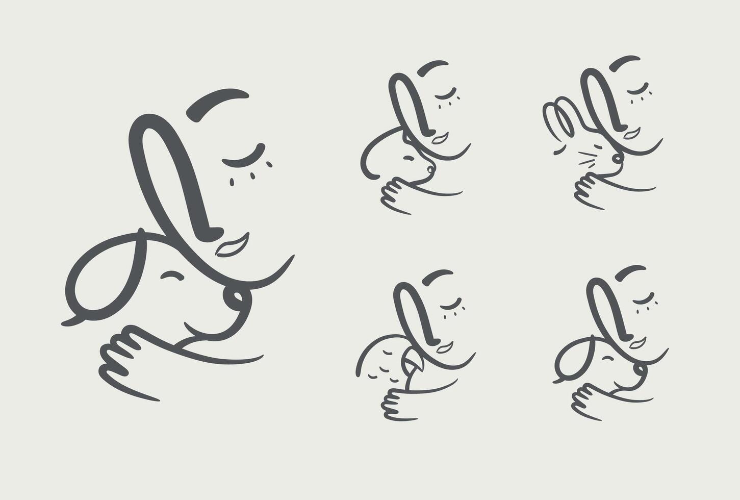 Man lovingly clings to an animal cat, dog, rabbit, parrot compositions drawing on grey background vector