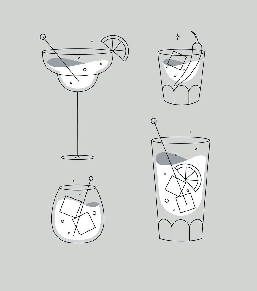 Cocktail glasses margarita whiskey long island old fashioned drawing in flat line style on grey background vector