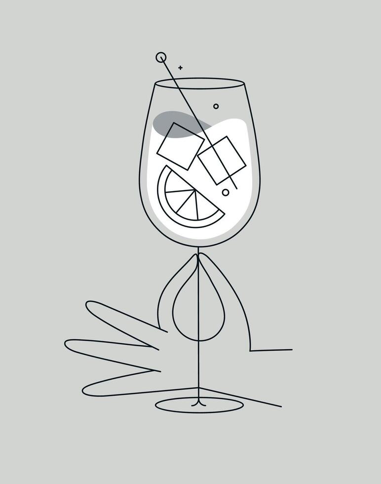 Hand holding glass of spritz cocktail drawing in flat line style on grey background vector