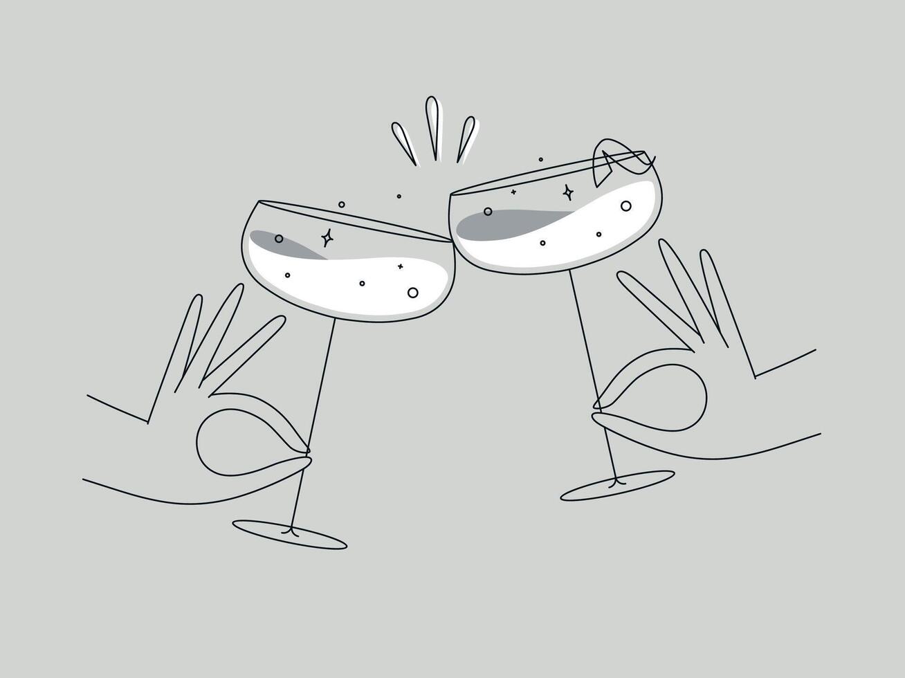 Hand holding daiquiri cocktails clinking glasses drawing in flat line style on grey background vector