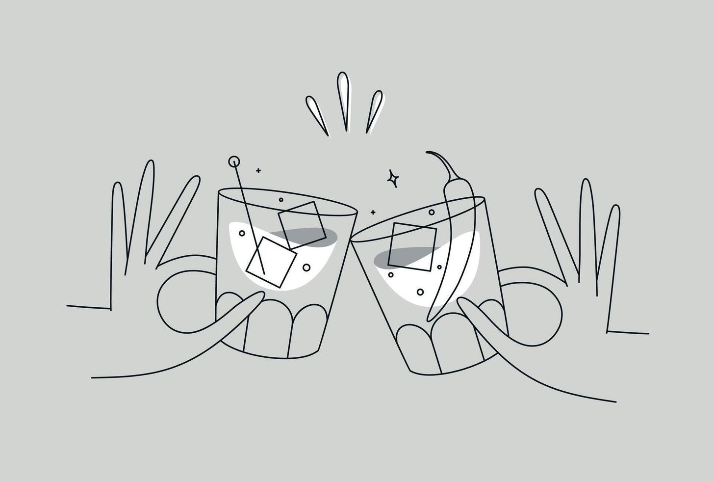 Hand holding whiskey and old fashioned cocktails clinking glasses drawing in flat line style on grey background vector