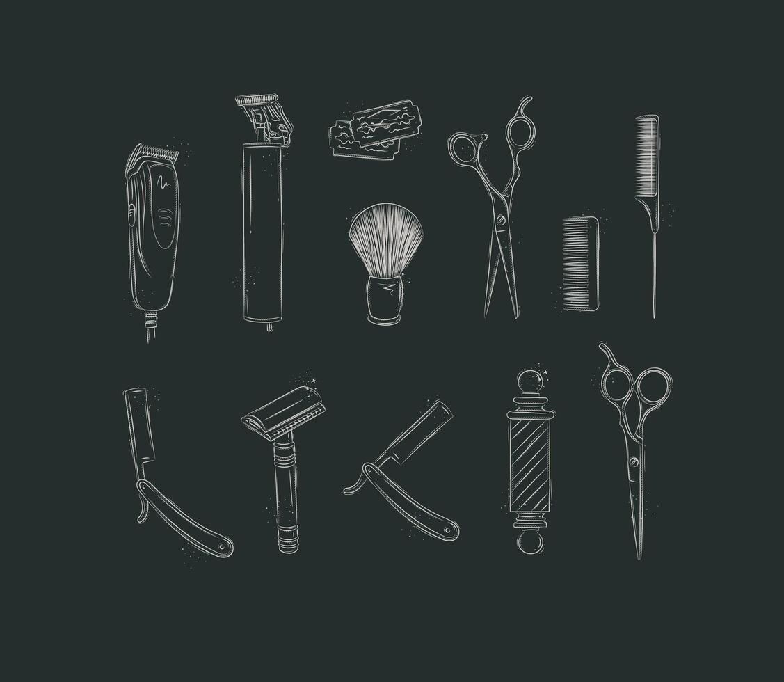 Barbershop collection with clipper, trimmer, blade, shaving brush, scissors, comb, straight razor, barber pole drawing on black background vector