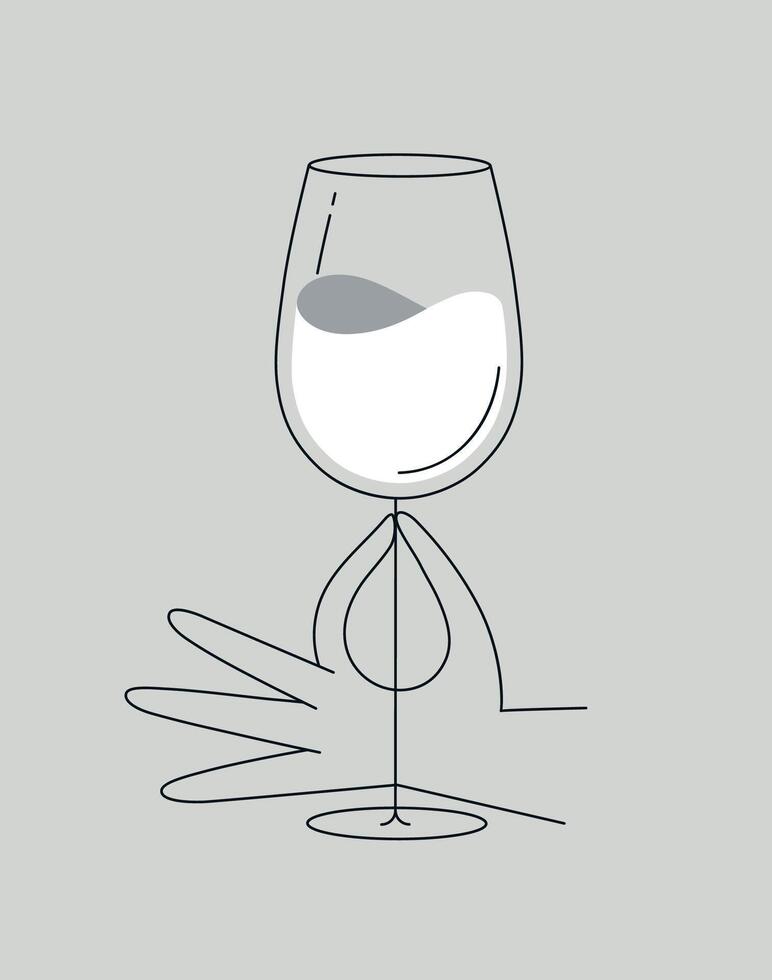 Hand holding glass of wine drawing in flat line style drawing on dark blue background vector