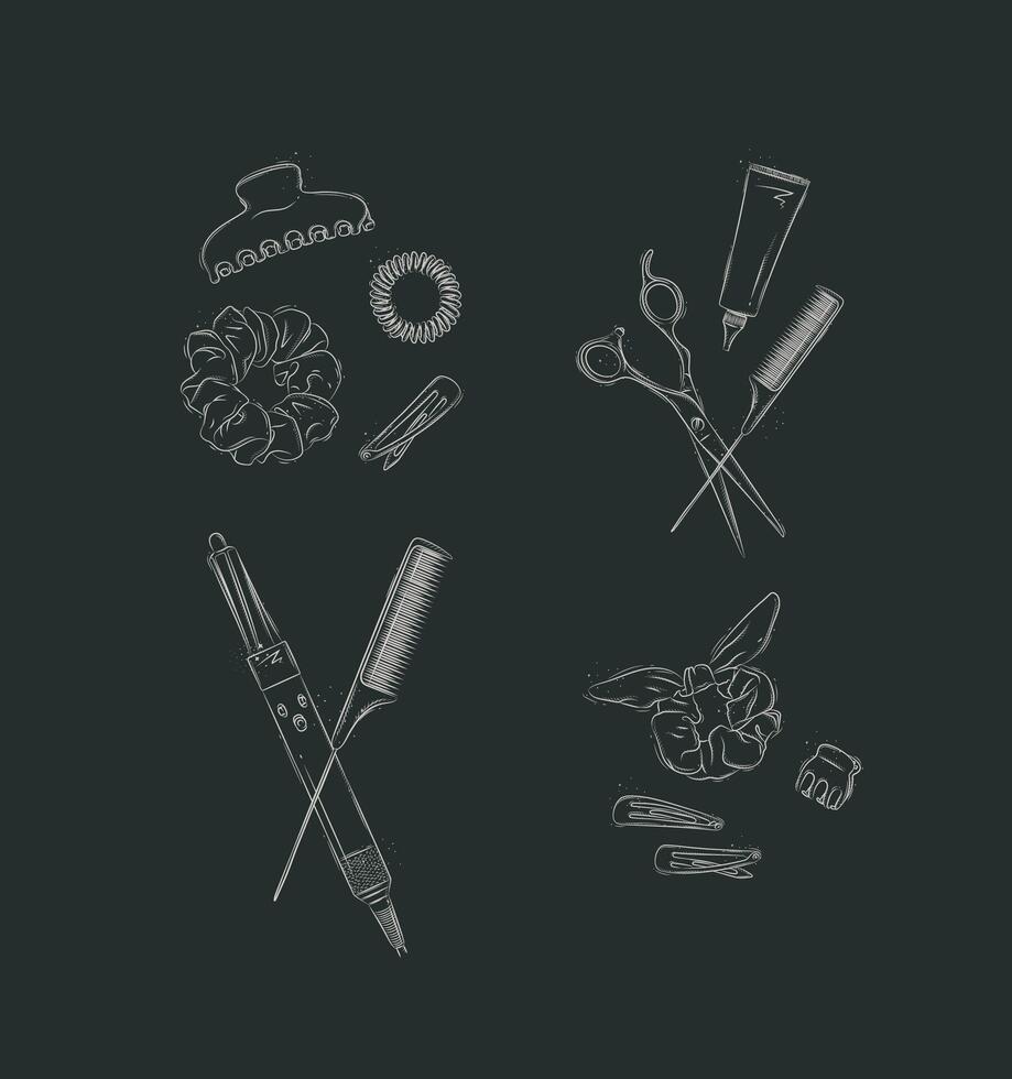 Collection of tools and accessories for creating hairstyles drawing on black background vector
