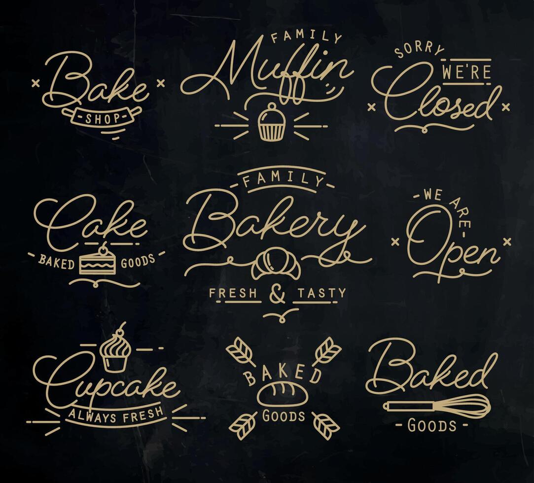 Flat bakery symbols in vintage style drawing with gold lines on chalkboard background vector