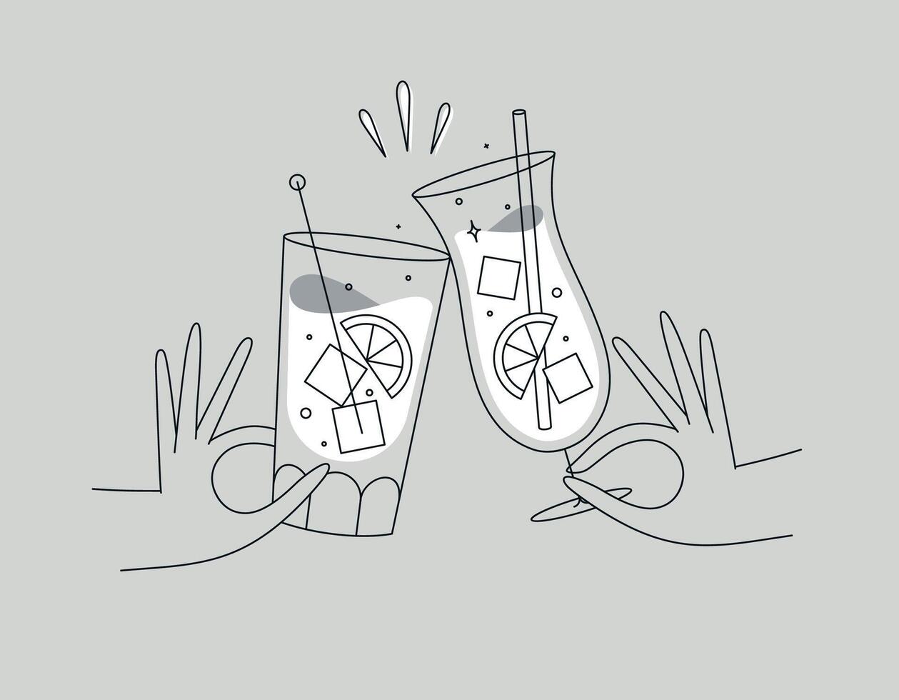 Hand holding pina colada and cuba libre cocktails clinking glasses drawing in flat line style on grey background vector