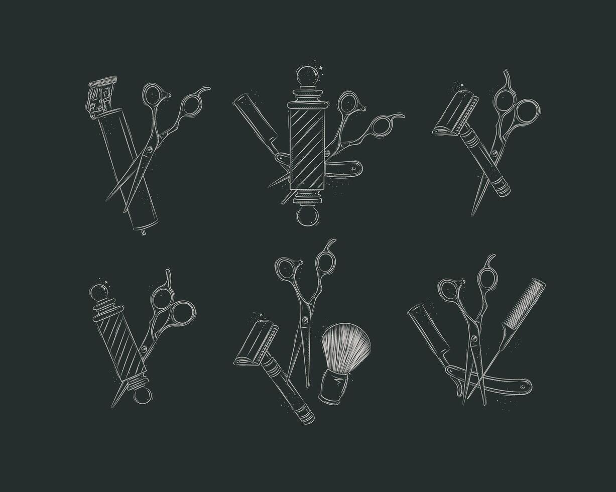 Barbershop shave collection with clipper, trimmer, blade, shaving brush, scissors, comb, straight razor, barber pole drawing on black background vector
