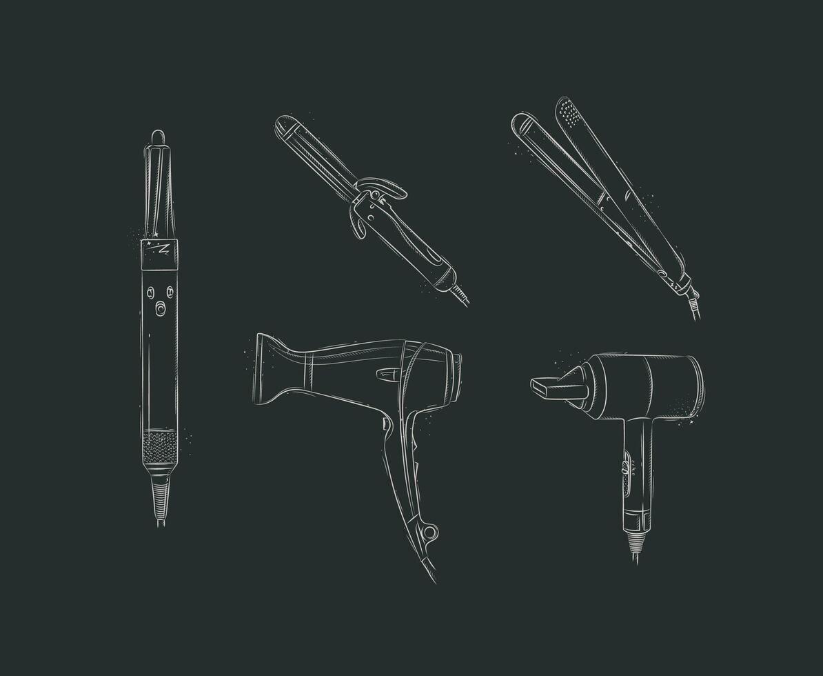 Hair straightener, curling iron, hairdryer collection for creating model drawing on black background vector