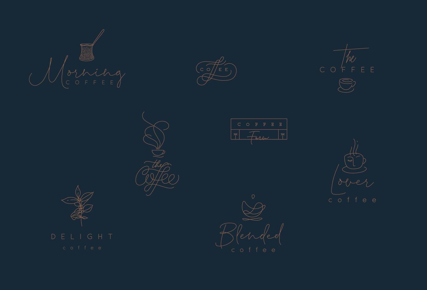 Set of minimalism modern coffee elements drawing in flat line style on blue background vector