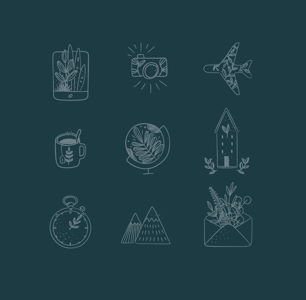 Set of travel nature icons in hand made line style tablet, camera, plane, tea cup, globe, house building, clock, mountains, envelope drawing on dark blue background vector