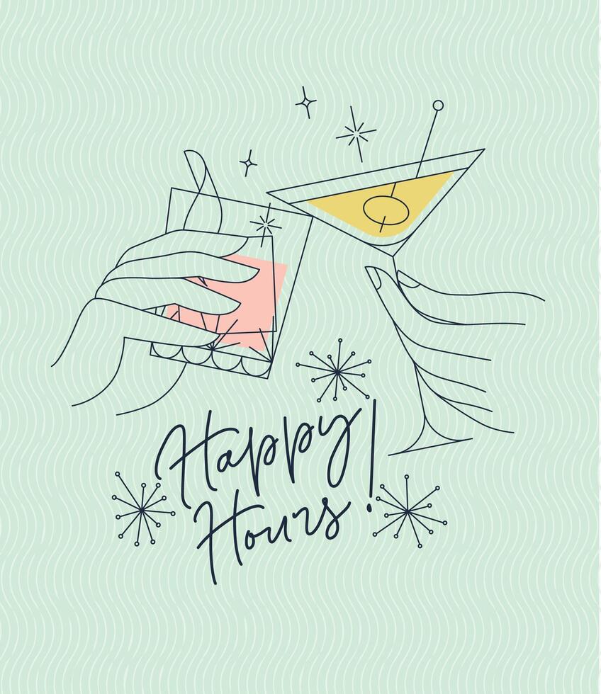 Poster clinking glasses with lettering happy hours drawing with color on green background vector