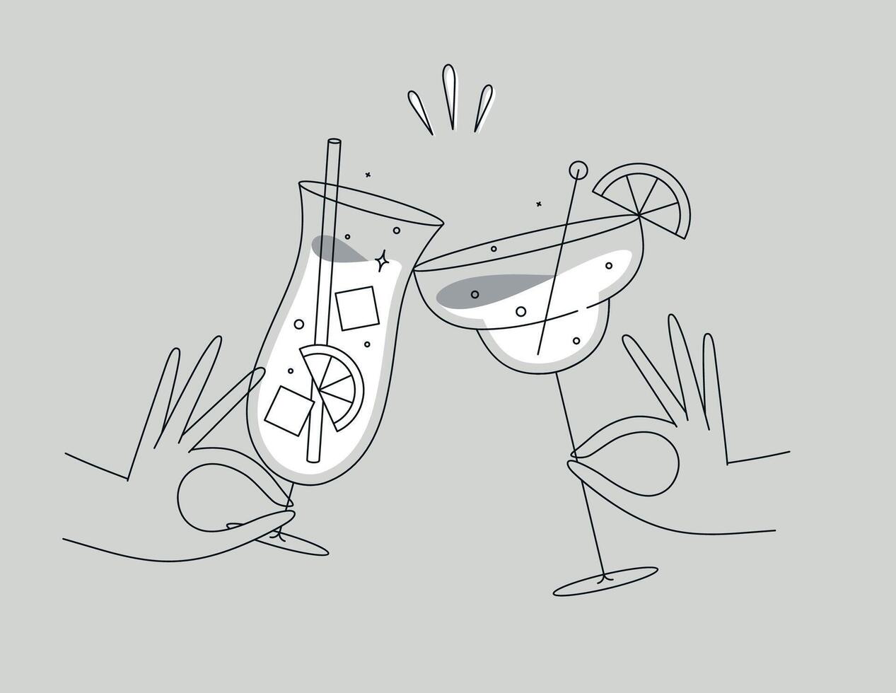 Hand holding pina colada and margarita cocktails clinking glasses drawing in flat line style on grey background vector