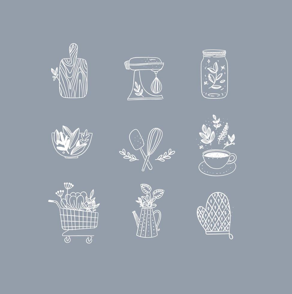 Set of floral kitchen icons in hand made line style cutting board, mixer, jar with lid, salad bowl, dough whisk, coffee cup, grocery cart, water jug for plants, oven mitts drawing on grey background vector
