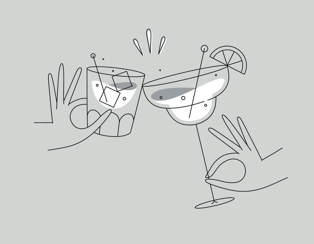 Hand holding whiskey and margarita cocktails clinking glasses drawing in flat line style on grey background vector