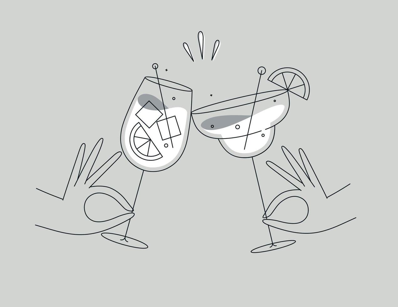 Hand holding margarita and sprits cocktails clinking glasses drawing in flat line style on grey background vector