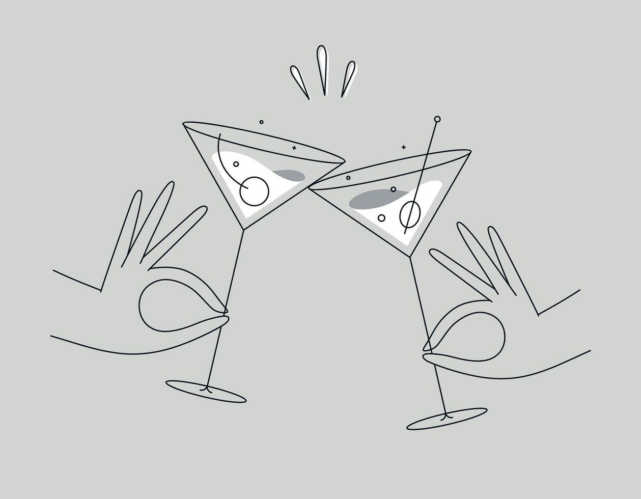 Hand holding cosmopolitan and manhattan cocktails clinking glasses drawing in flat line style on grey background vector