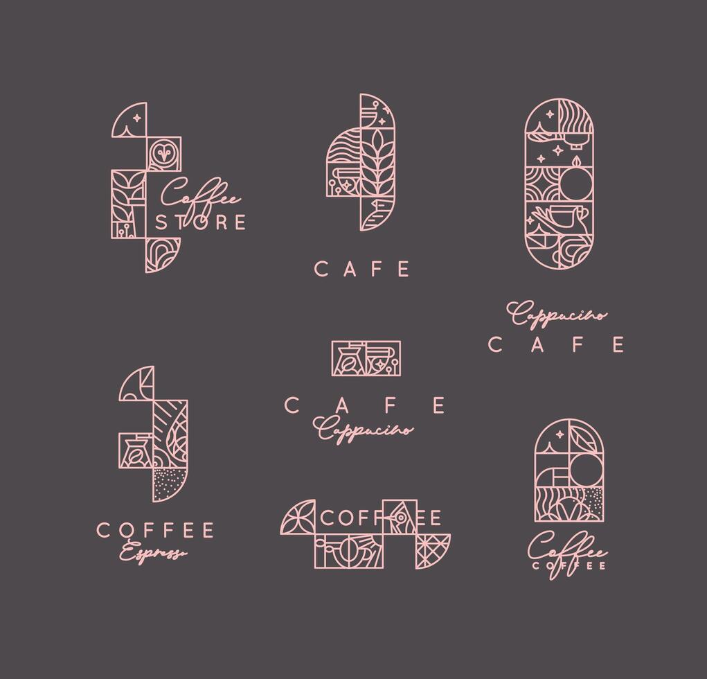 Set of creative modern art deco coffee labels in flat line style drawing on brown background. vector