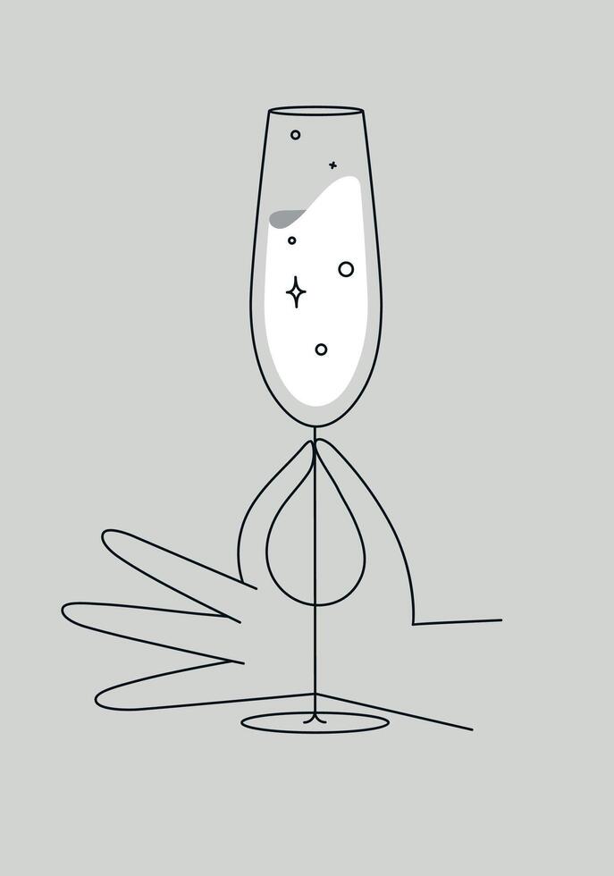 Hand holding glass of champagne drawing in flat line style on grey background vector