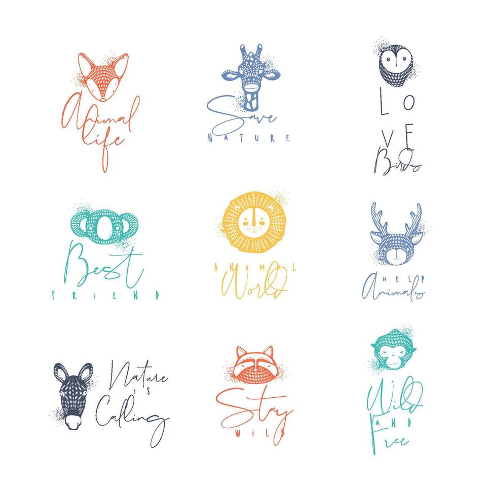 Set of animals authentic graphic signs fox, giraffe, owl, panda, lion, antelope, horse, cat, monkey with lettering drawing in different colors vector