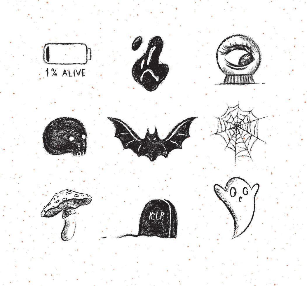 Halloween scary collection ghost, bat, spider, battery, skull, spirit ball, mushroom, headstone elements and icons for decorations in hand drawing style with coal vector