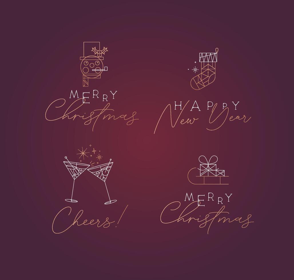 Set of Christmas and Happy New Year art deco labels with lettering drawing in modern vintage line style red background vector