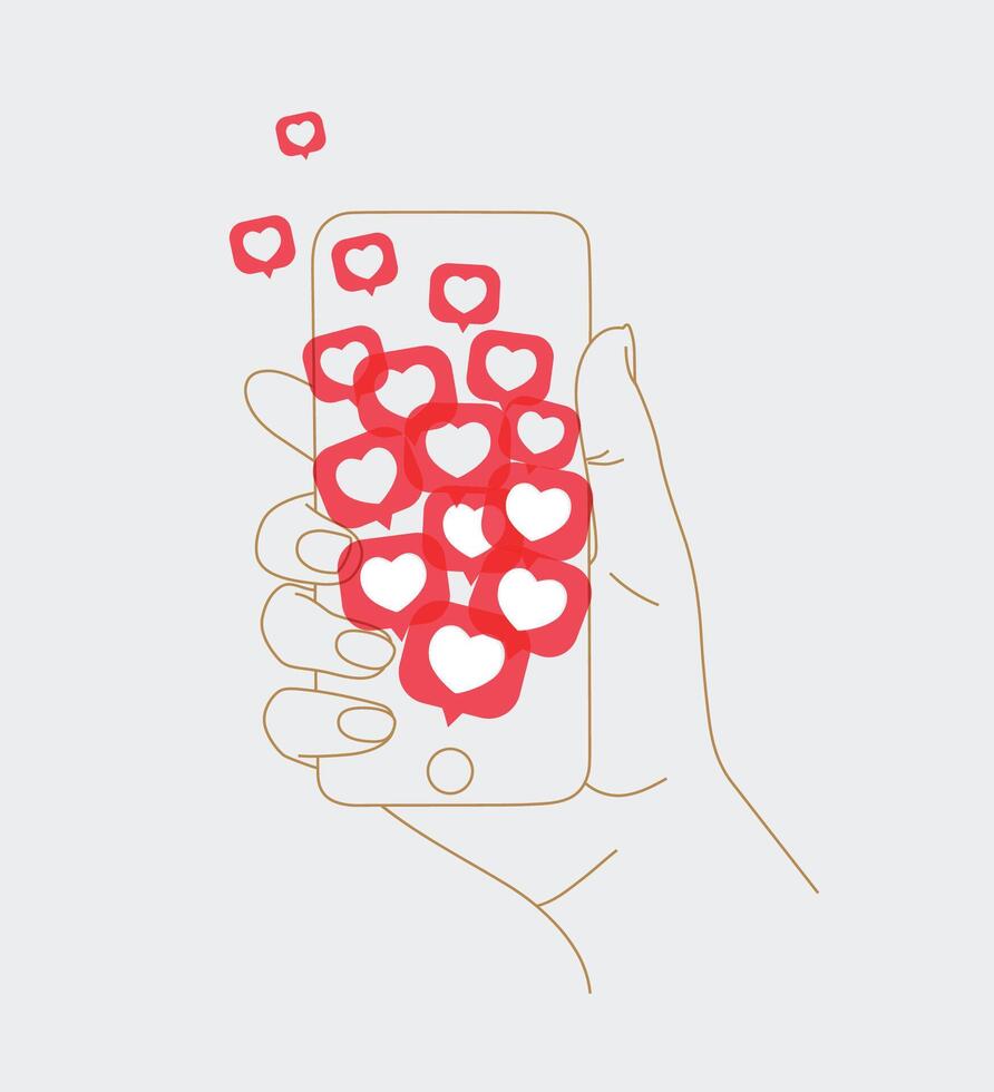 Phone in hand with many like symbols drawing thin lines on white background vector