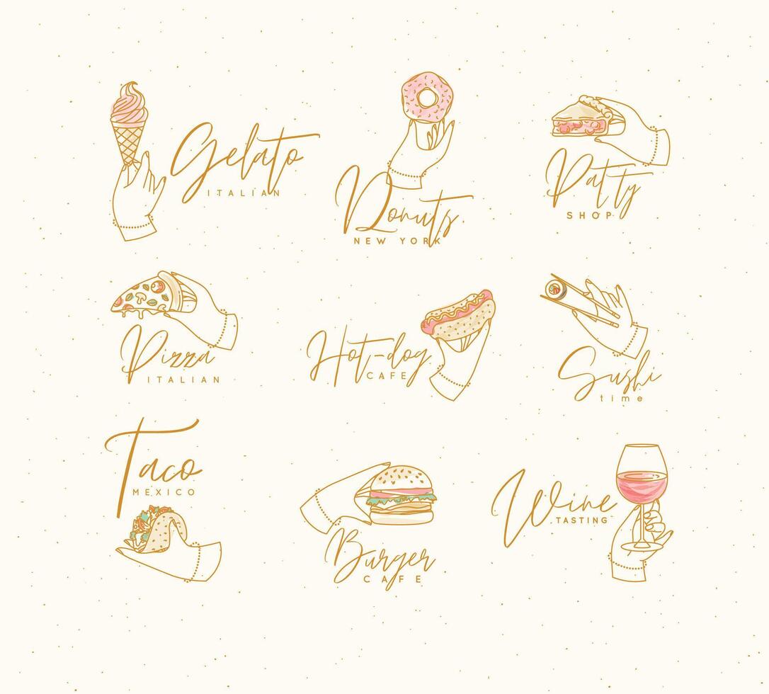 Set of renaissance hands holding donut, hot dog, pizza, sushi, pie, glass of wine, croissant, ice cream, cupcake, burger, coffee, taco with lettering drawing with color on beige background vector