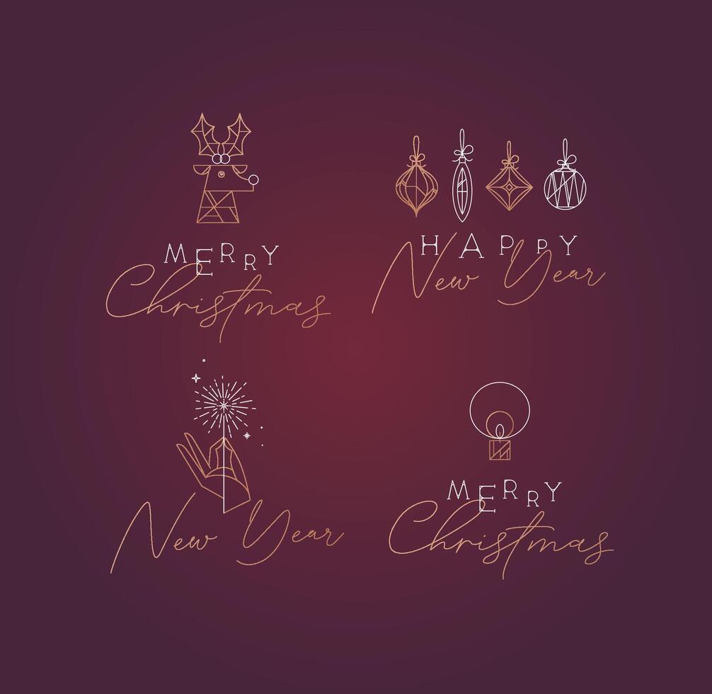 Set of New Year and Christmas art deco labels with lettering drawing in modern vintage line style on red background vector